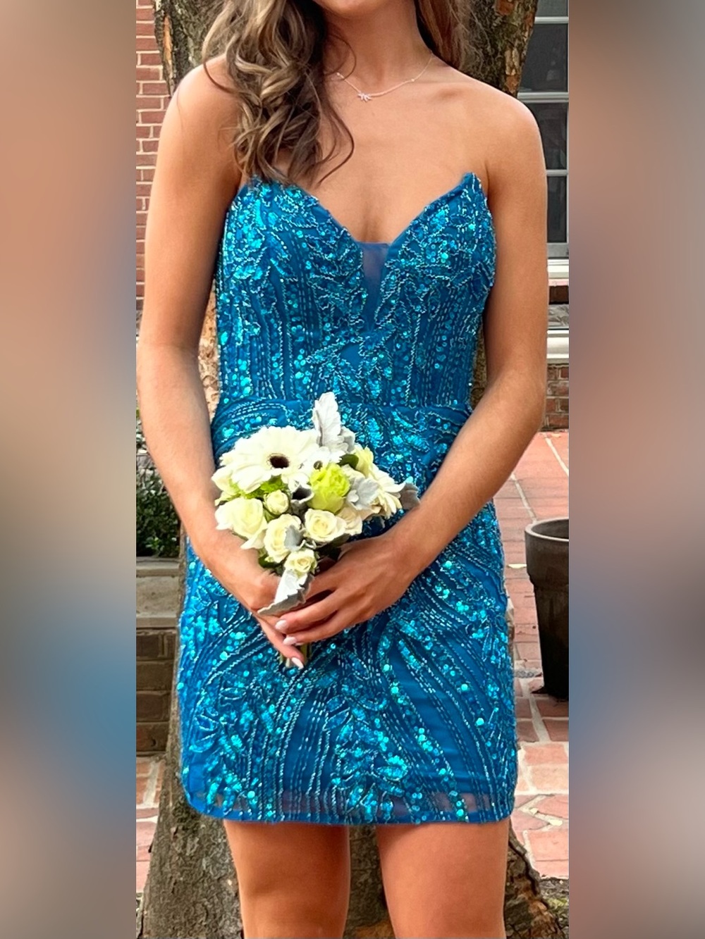 Primavera Couture Teal Strapless Beaded Mini Dress worn once for Homecoming